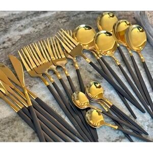 Luxury Gold and Black Stainless Steel Cutlery Set 16 Piece Flatware‎ Utensils